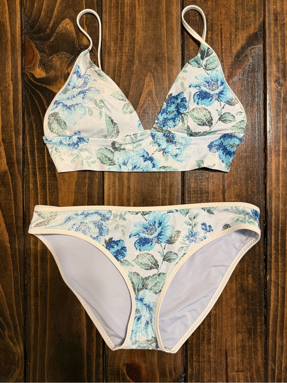aerie Cream Bikini Set with Blue & Green Floral Print